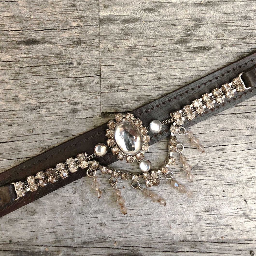 Espresso leather boot bracelet with Dancehall style chandelier crystals