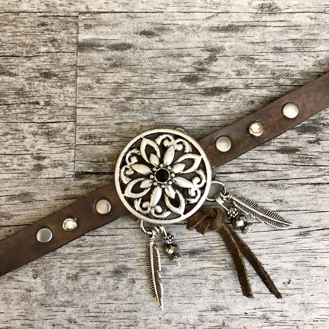 Dream catcher concho, crystals & charms styled on a slim boot bracelet