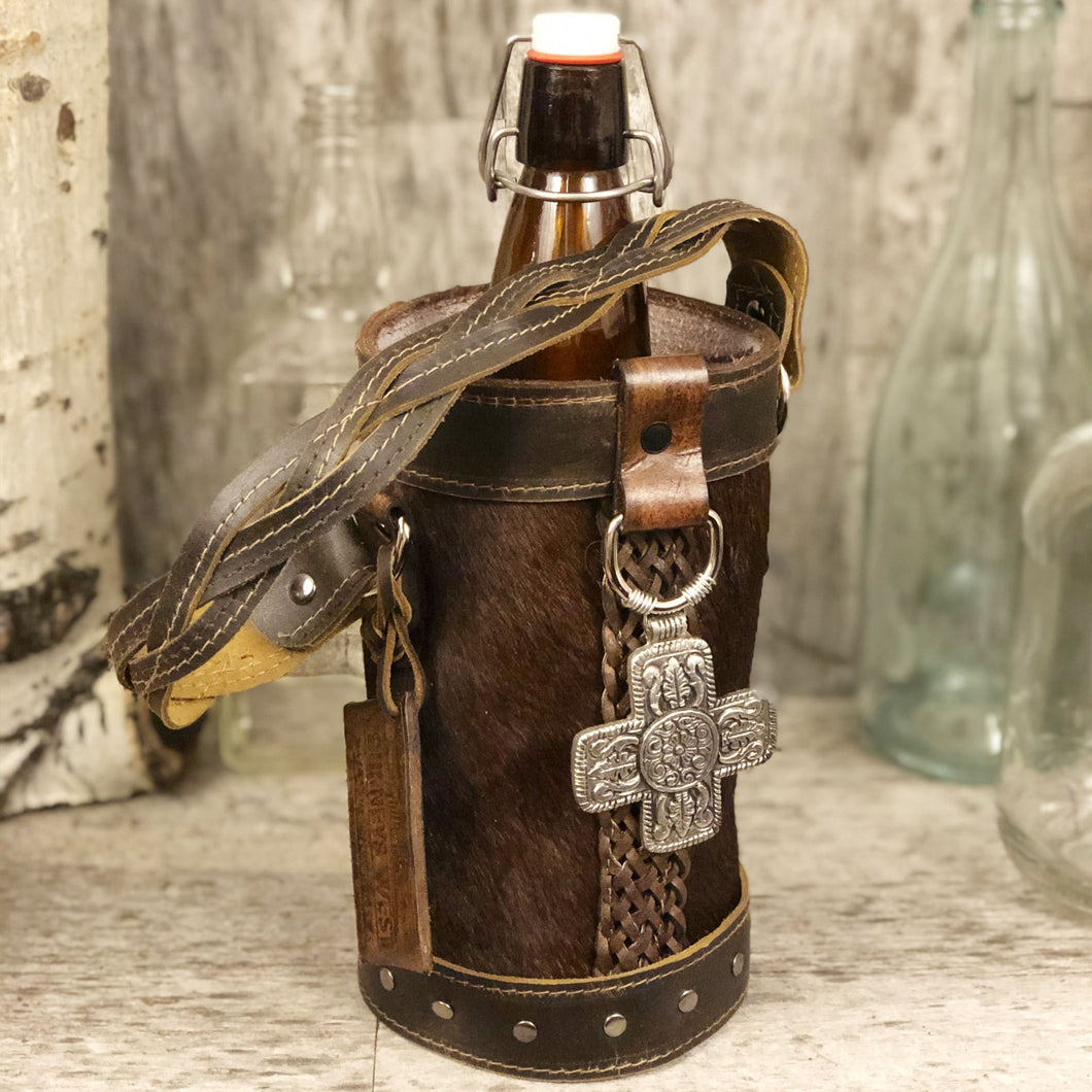 Rustic brown Cowhide Spirit Bag with braided trim and square cross concho